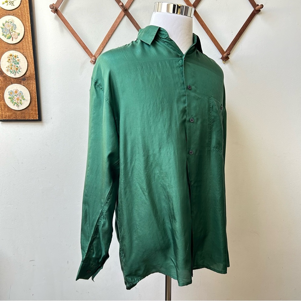 Vintage Bruno 100% Silk Green Button-Up Shirt - Picture 7 of 12